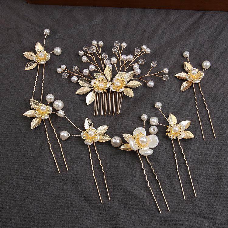 Handcrafted pearl set with Gold leaf hair comb 725487239358 - COCOMELODY
